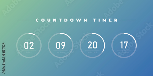 Vector light design circle countdown timer display. Time counter with hours, hours, minutes and seconds. Gradient background.