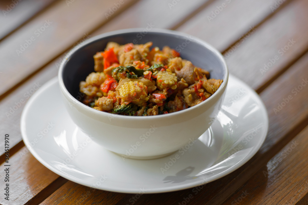 Portrait of pork and corn as traditional Thai dish