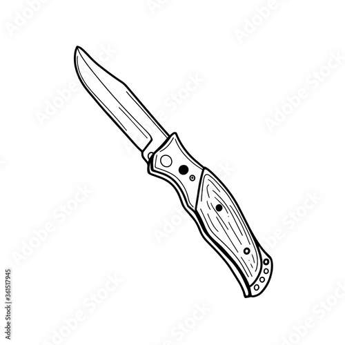 Folding knife Hiking pocket.Tourist portable knife with a sharp blade for travel. Vector illustration in Doodle style