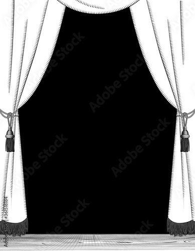 Engraved vintage drawing of a white curtain in old style on black