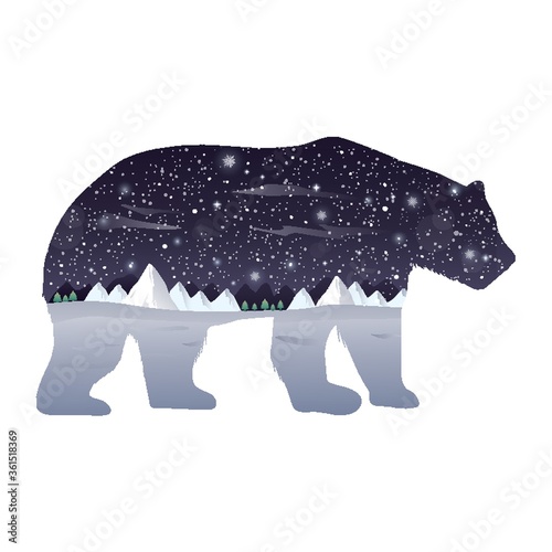 Double exposure polar bear and winter night