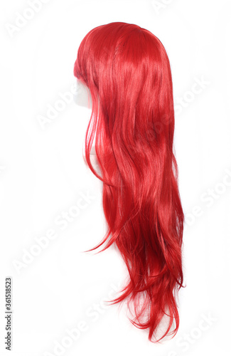 Red Anime Style Wig on mannequin head isolated on white background