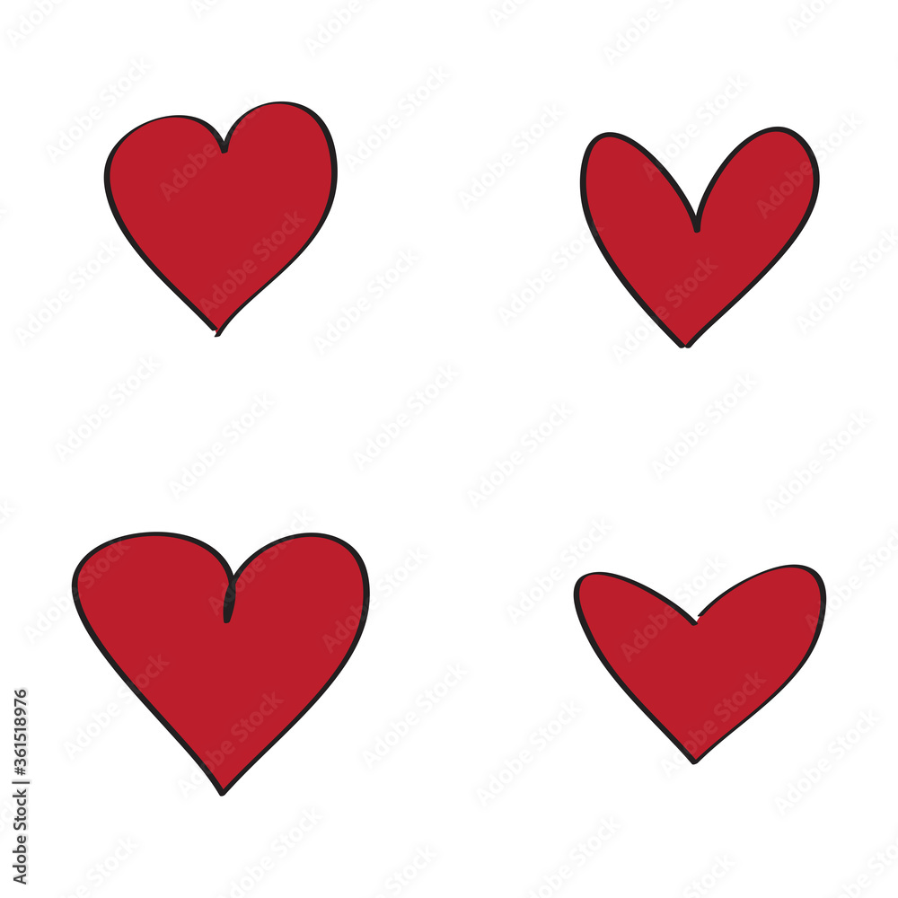 Red heart brush hand drawn icon set isolated on white background. Red hearts icon for love symbol and Valentine's day. Dry brush painted collection of hearts, creative art concept. Vector illustration
