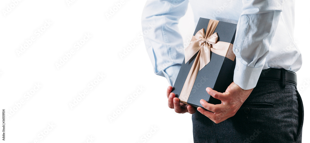 man, celebrate, holds, present, gift, give, adult, anniversary, attractive, background, birthday, bow, box, brown, caucasian, celebration, christmas, concept, day, elegant, gesture, giving, guy, hand,