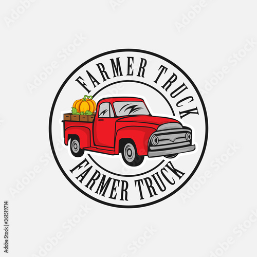Farmers market logo with retro truck and typography vector illustration. Old truck side view. Fall season eco fresh products vegetables and fruits delivery for farm market poster or banner.
