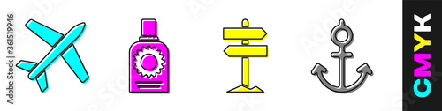 Set Plane, Sunscreen spray bottle, Road traffic signpost and Anchor icon. Vector.