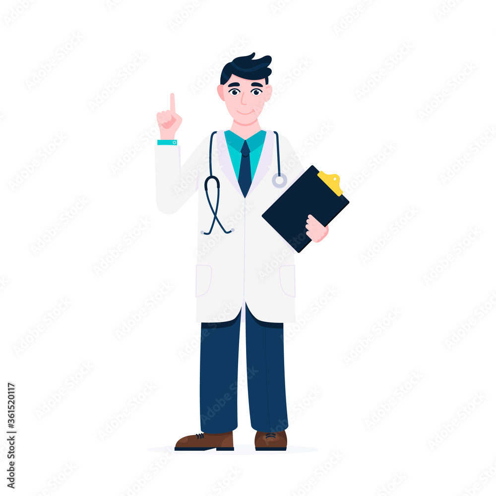 Doctor standing and hold clipboard and stethoscope with index finger flat style design vector illustration isolated on white background. Medical center hospital employee. Doctor standing and hold clipboard and stethoscope with index finger flat style design vector illustration isolated on white background. Medical center hospital employee.