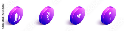 Set Isometric Condom, Spanking paddle, Woman panties and Leather whip icon. Vector.