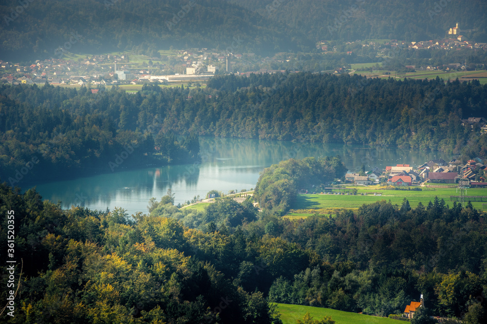Amazing landscape in Slovenia in summertime. Swans swim in curved wide green river. Village with houses by river bank. In the distance industrial town. Aerial long shot panoramic view