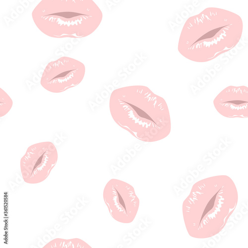 Pink lips prints with gloss. Vector seamless background.
