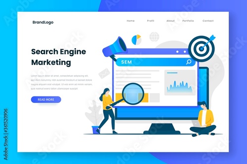 Search engine marketing illustration web page. Illustration for websites, landing pages, mobile applications, posters and banners.