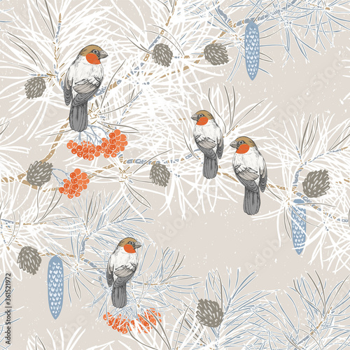 Seamless vector pattern with bullfinches sitting on pine branches, with cones, mountain ash