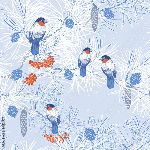 Seamless vector pattern with bullfinches sitting on pine branches, with cones, mountain ash