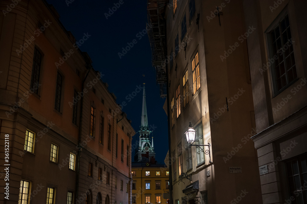 The German Church, St. Gertrude's Church in Gamla stan, the old town in Stockholm, Sweden, illumnated in the evening sky.