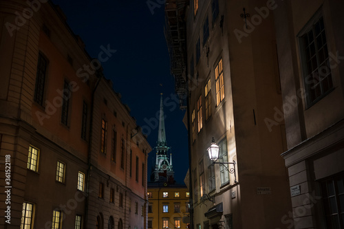 The German Church, St. Gertrude's Church in Gamla stan, the old town in Stockholm, Sweden, illumnated in the evening sky.