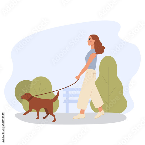 A girl alone walking dog outdoor in green park. Banner for dog walker company. Pet sitting. Labrador retriever outside on the walk. Flat vector illustration.