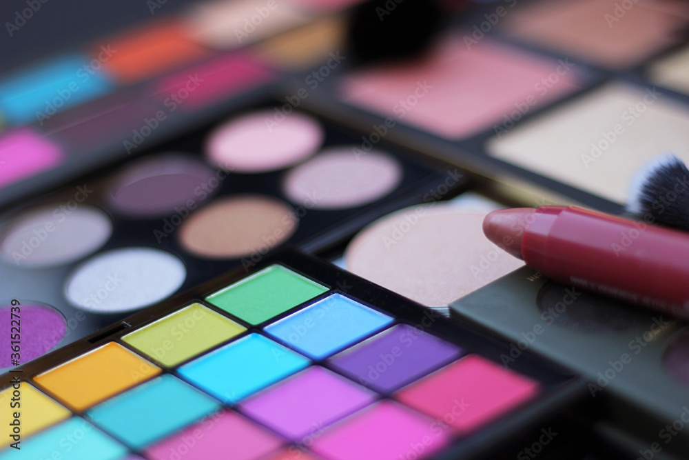 Colorful Cosmetic Pigment Palettes and Various Cosmetics Colorful Cosmetic Pigment Palettes and Various Cosmetics