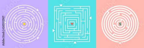 Labyrinths game. Mazes with heart star and money. Finding love wealth or glory metaphor vector illustration