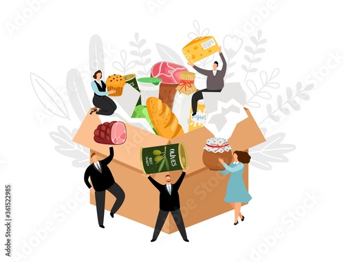 People collect donation box. Christmas food truck, volunteering and charity vector concept