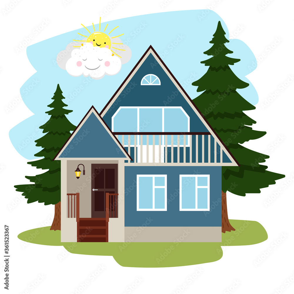 Summer country house. Cottage among green trees, cartoon house with door and flashlight in countryside, vector illustration of concept vacation on nature in farmland