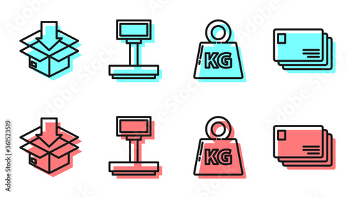 Set line Weight, Cardboard box with traffic symbol, Scale and Envelope icon. Vector.