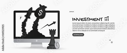 Money bag and rocket launching out from desktop monitor, investment planning concept