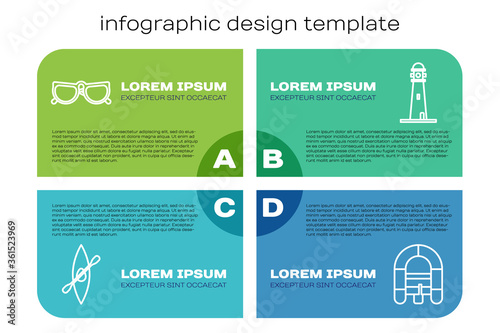 Set line Kayak or canoe and paddle, Glasses, Rafting boat and Lighthouse. Business infographic template. Vector.