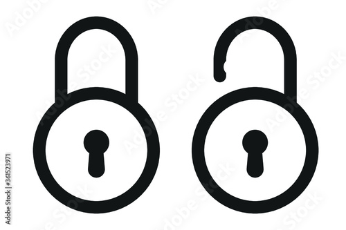 Black isolated icon of locked and unlocked lock on white background. Set of Silhouette of locked and unlocked padlock. Flat design.