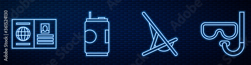 Set line Sunbed, Passport, Soda can, Diving mask and snorkel and Sun. Glowing neon icon on brick wall. Vector.