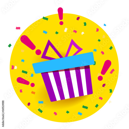 Holiday gift box in yellow circle. Birthday celebration. Surprise purple gift box. Wonder gift with exclamation mark. Vector icon in modern flat style on white background.