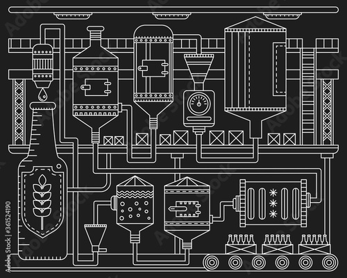 Beer Brewery production conveyor process. Line factory beer black background. Outline vintage stroke linear style vector illustration banner. October festival.