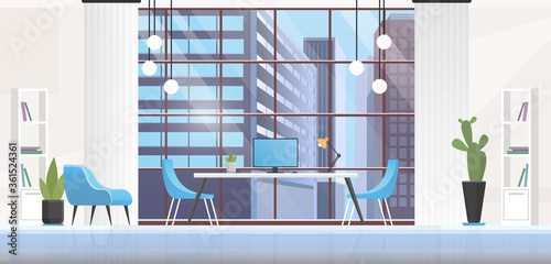 Office interior room vector illustration. Cartoon flat panoramic empty workplace inside background with modern office furniture, creative interior design for teamwork of business corporate workers
