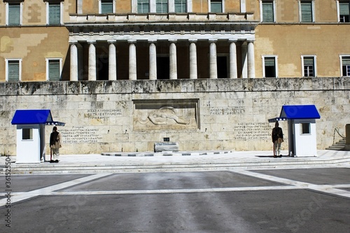 Greece, Athens, June 16 2020 - One of the most touristic spots in Athens - the Tomb of the Unknown Soldier with the Presidential Guards - is empty of visitors.  photo