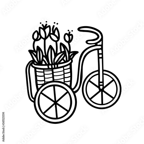  Garden decorative Bicycle flowerbed in the form of a flower bed.Tulips in a flower bed.Bicycle with flowers. vector
