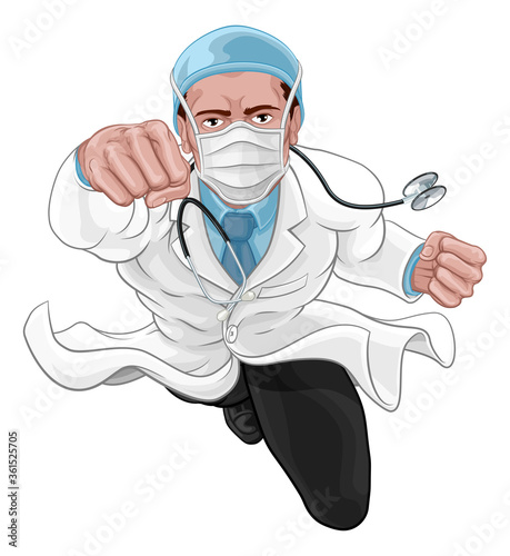 Super hero doctor concept. A medical healthcare professional as a superhero flying through the air. Wearing protective face mask.