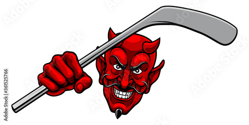 A devil or satan ice hockey sports mascot cartoon character holding a stick