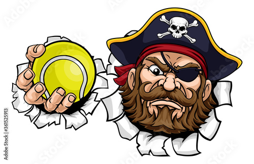 A pirate tennis sports mascot cartoon character holding a ball