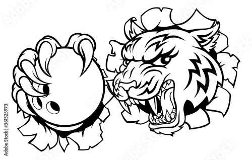 A tiger ten pin bowling player cartoon animal sports mascot holding a ball in its claw