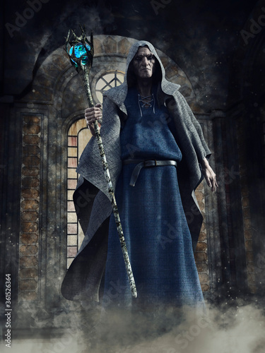 Dark chapel with a creepy looking necromancer with a long mage staff and a hooded robe. 3D render.  The man is a 3D object. photo