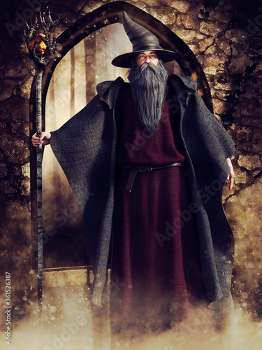 Fantasy scene with an old wizard standing in front of a stone garden gate. 3D render. The man is a 3D object.