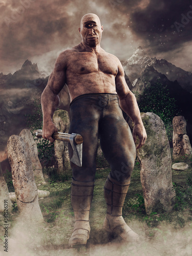 Fantasy cyclops with one eye standing with an axe among the circle of stones. 3D render. photo