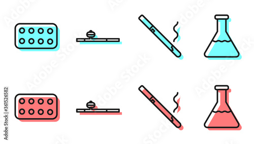 Set line Cigarette, Pills in blister pack, Opium pipe and Test tube and flask icon. Vector.