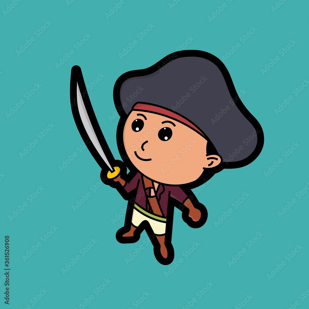 Cute pirate lord is playing the sword, perfect for Halloween costumes, stickers, doodles, cartoon, t shirt design, childish