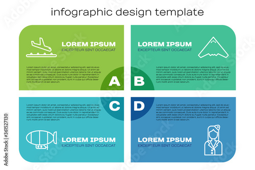 Set line Airship, Plane landing, Stewardess and Jet fighter. Business infographic template. Vector.