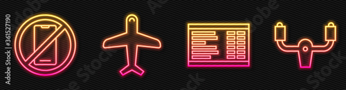 Set line Airport board, No cell phone, Plane and Aircraft steering helm. Glowing neon icon. Vector.