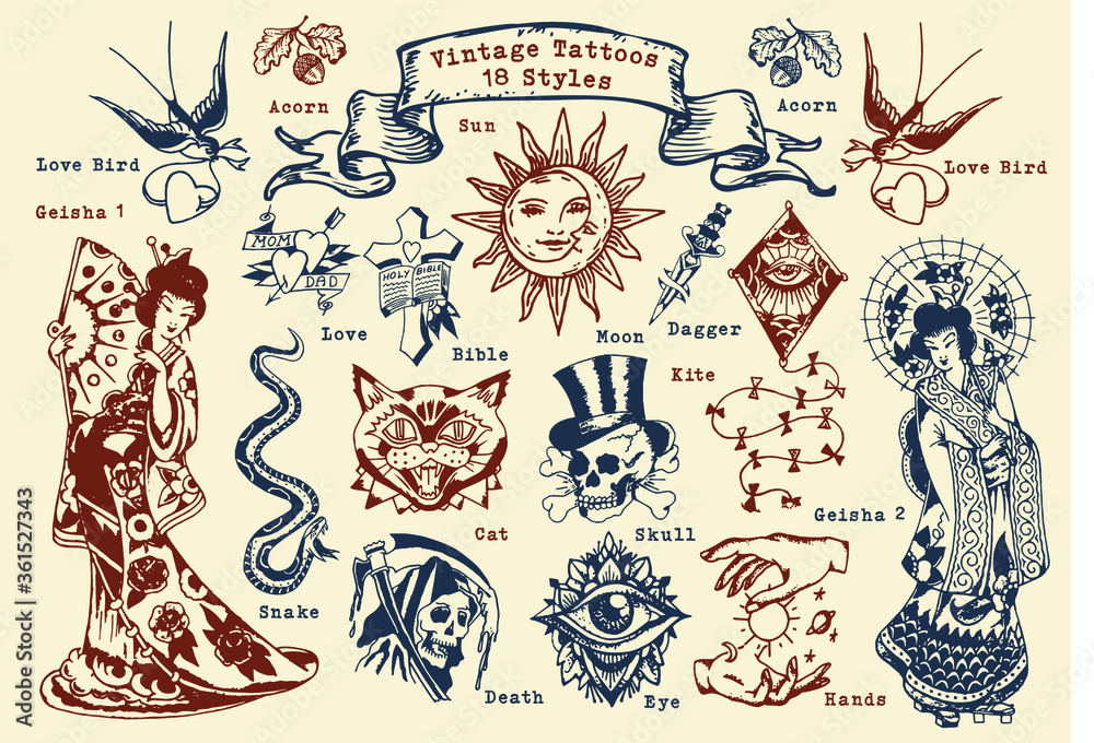Set of Vintage Tattoo Labels and Elements