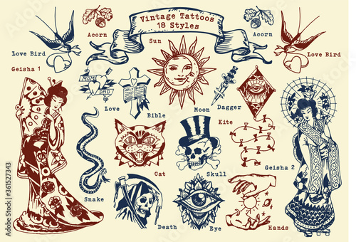 Set of Vintage Tattoo Labels and Elements
