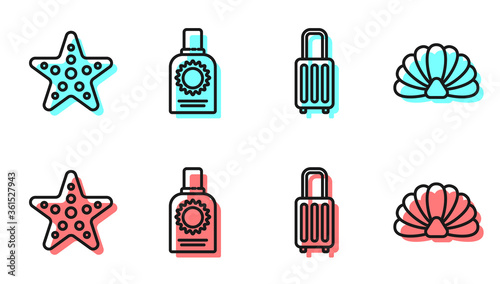 Set line Suitcase, Starfish, Sunscreen spray bottle and Scallop sea shell icon. Vector.