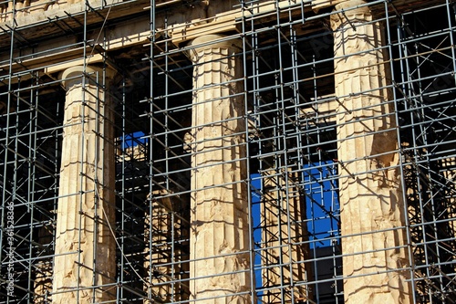 Greece, Athens, Acropolis hill, June 16 2020 - Scaffolding for restoration works on Parthenon temple.
