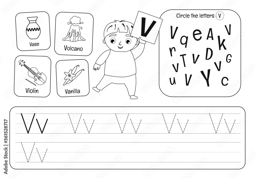 Kids learning material. Worksheet for learning alphabet. Letter V. Black and white.